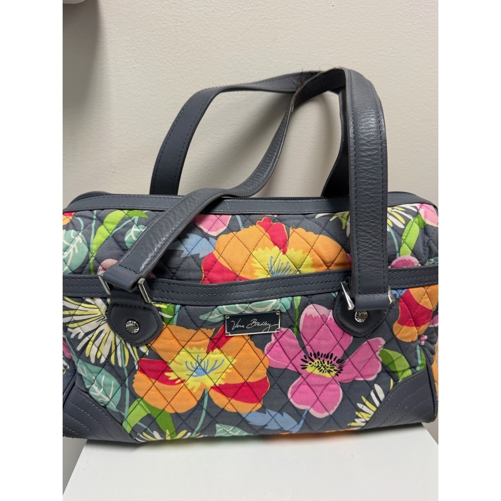 Vera Bradley Gallatin Black Pebble Leather Floral Quilted Satchel Barrel Bag